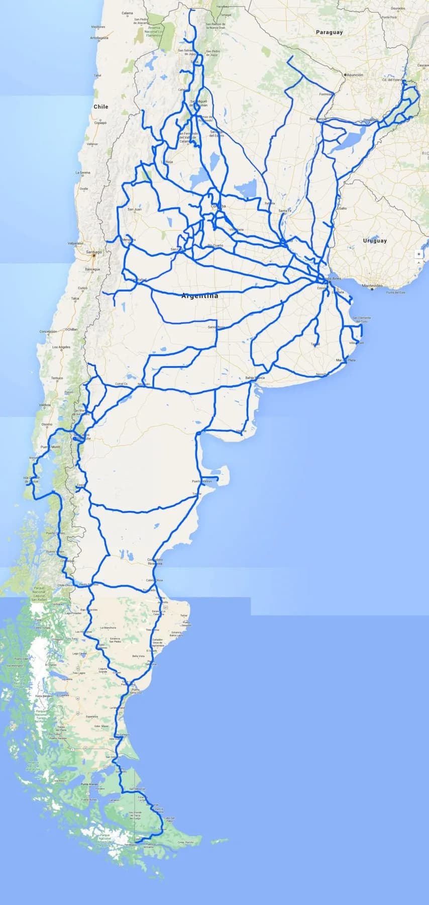 Mapa de Argentina con las rutas recorridas por Luciano marcadas en azul sobre Google Maps